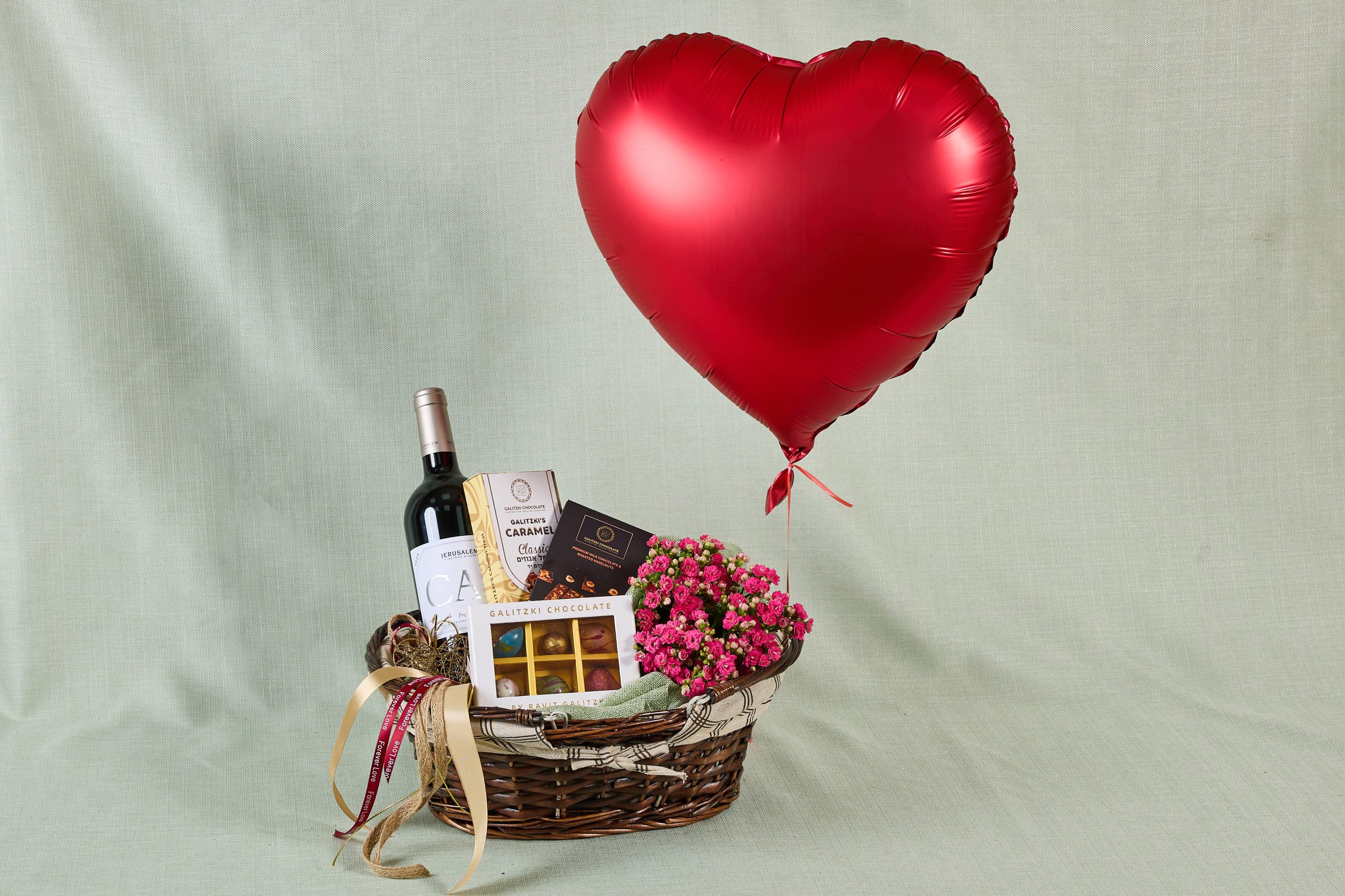 מארז עציץ שוקולד ויין בסלסלה גדול